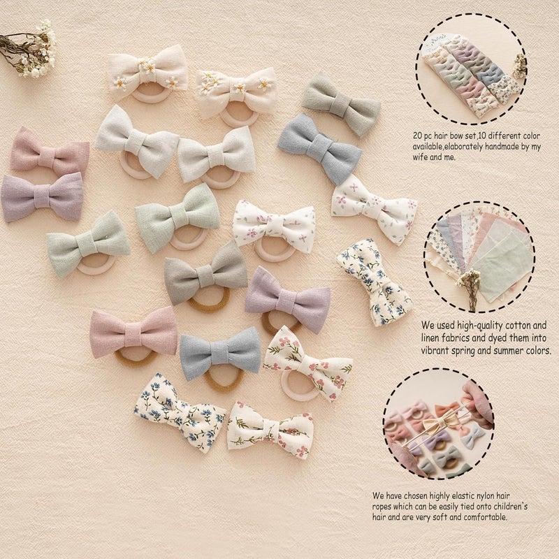 Fancy Clouds Baby Toddler Little Girls Hair Ties with 2" Linen Bows, 20 pcs No Damage Elastic Nylon Ponytail Holders Scrunchies for girls, Small Hair Accessories for Kids Thick or Thin Hair - Image 2